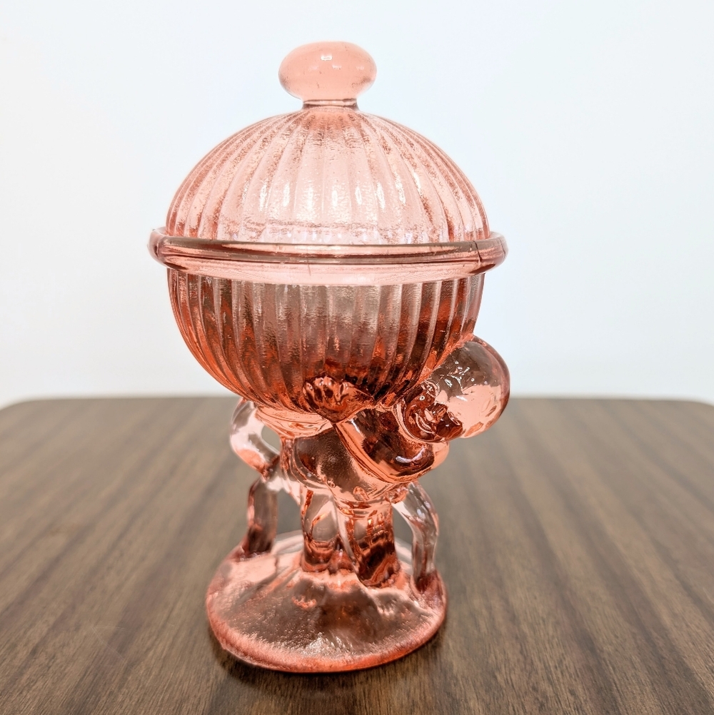 Vintage 80s Rose Pink Glass Candy Dish With Lid Cherub Baby Holding A Ball